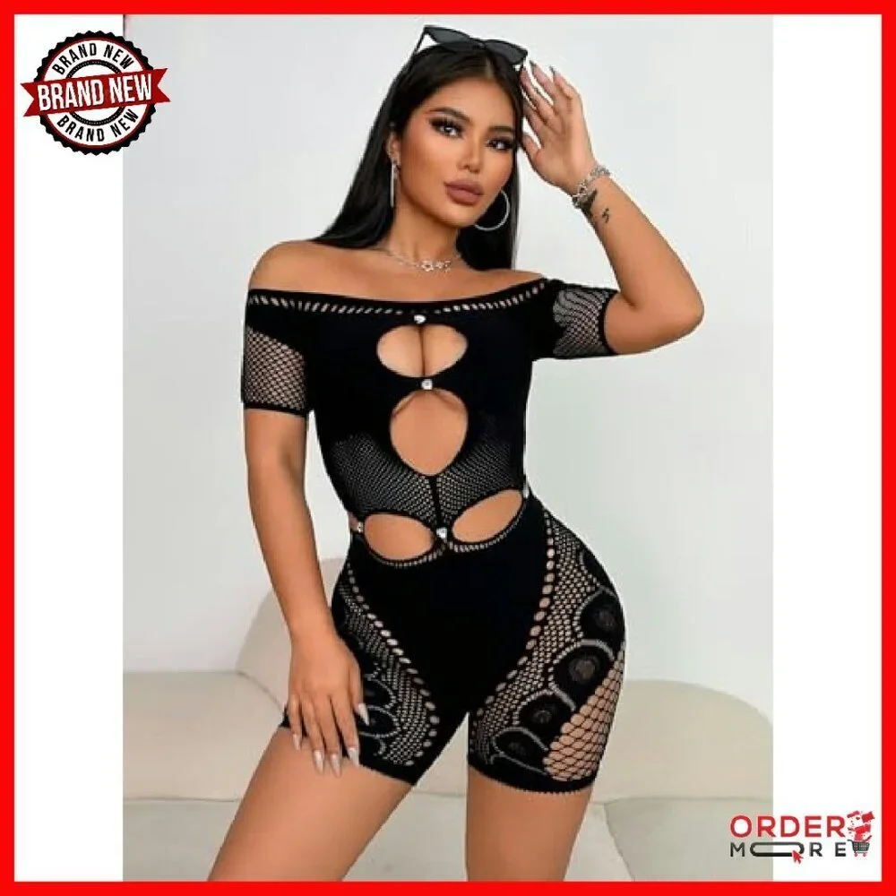 Mesh Lace Off-Shoulder Jumpsuit Rhinestone Hollow Club Party Romper